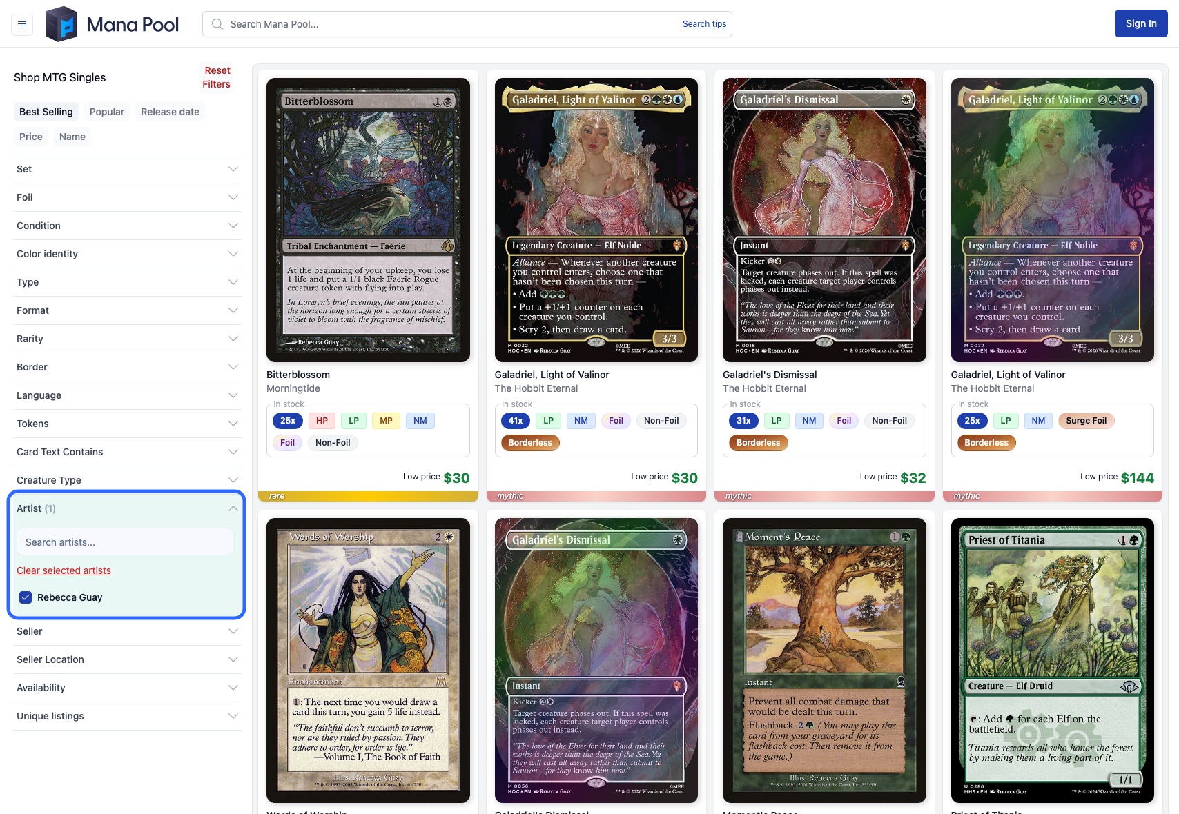 The Artist sidebar filter on Mana Pool singles results, with Rebecca Guay selected.