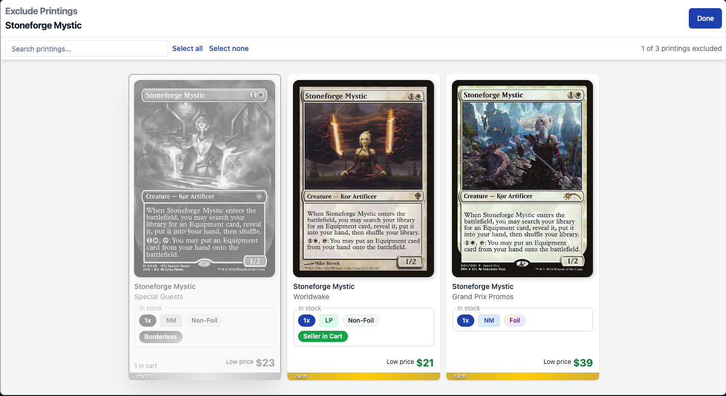 Stoneforge Mystic's Special Guests printing is greyed out and excluded; Worldwake and Grand Prix Promo versions remain selectable