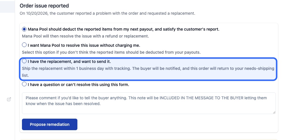 The seller issue resolution form, with the replacement option highlighted.