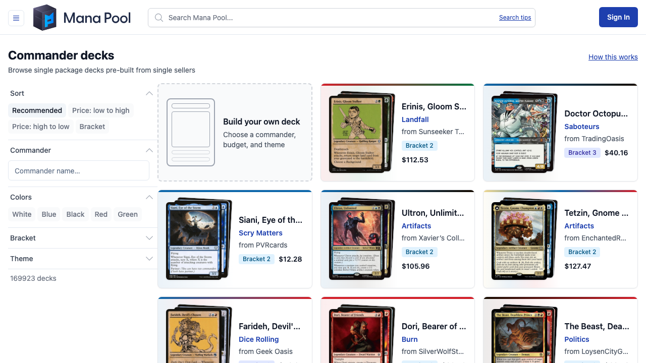 Commander deck builder option beside a grid of public decks